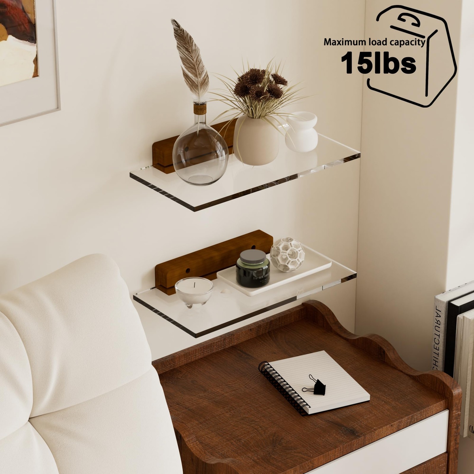 Acrylic Floating Shelves with Solid Wood Base, Wall Mounted Shelf for Plants,...