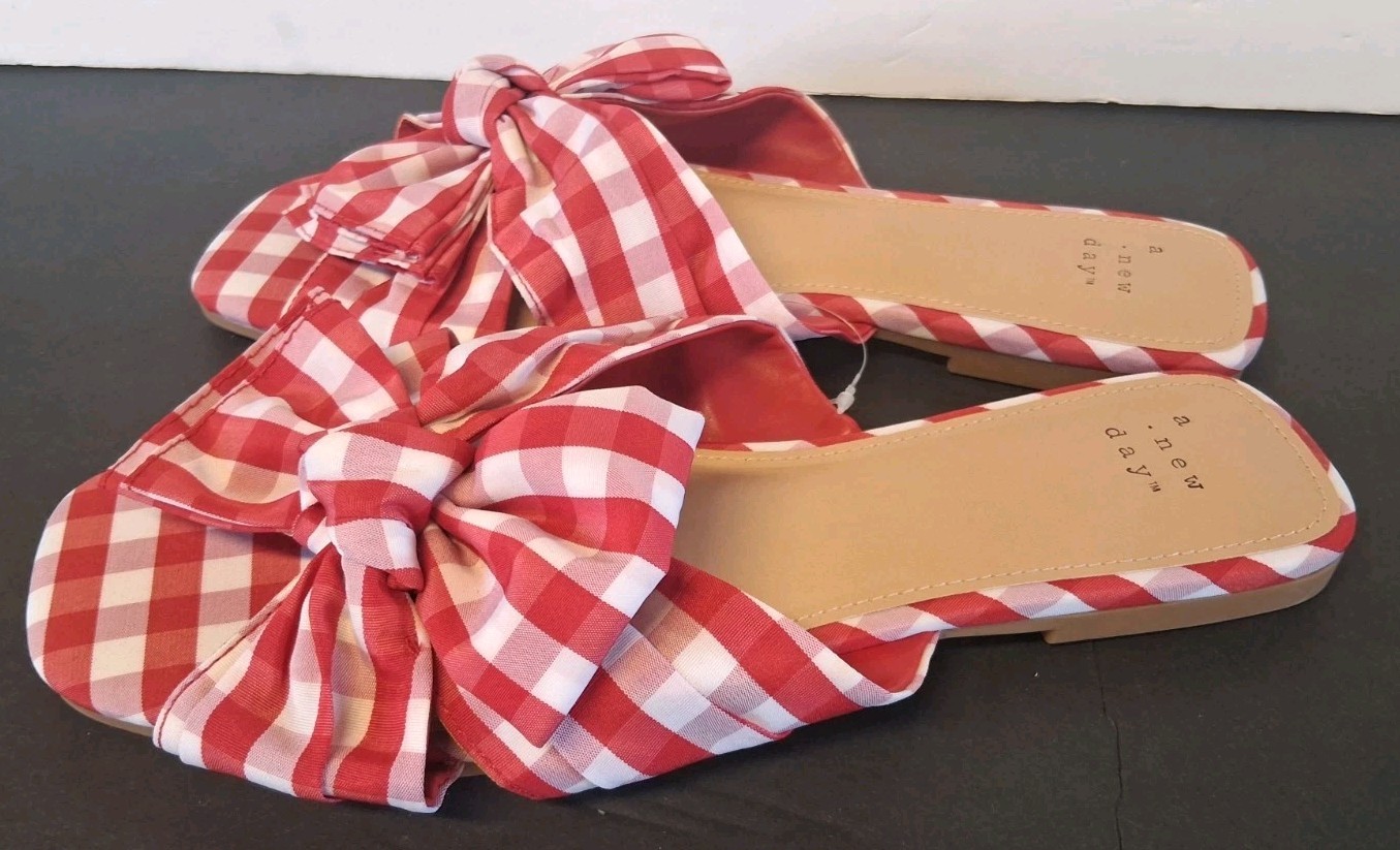A New Day Women's Scarlet Gingham Bow Flat Sandals Red