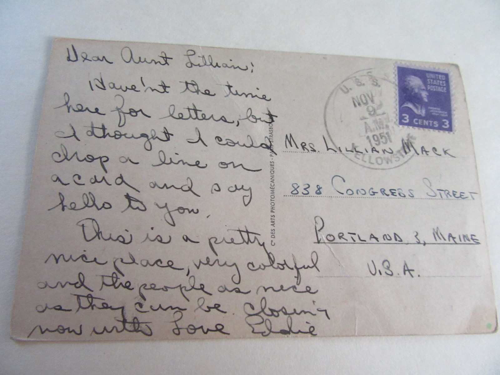 USS Yellowstone Navy Ship's Cancel On 1951 Cannes France Oceanfront Postcard