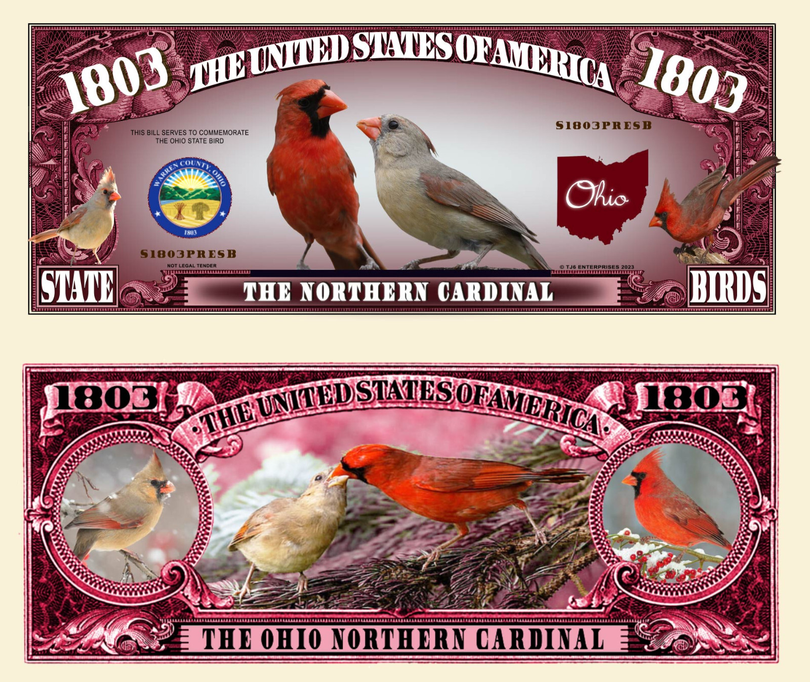 Ohio State Bird Northern Cardinal Dollar Funny Money Novelty Bill + FREE SLEEVE