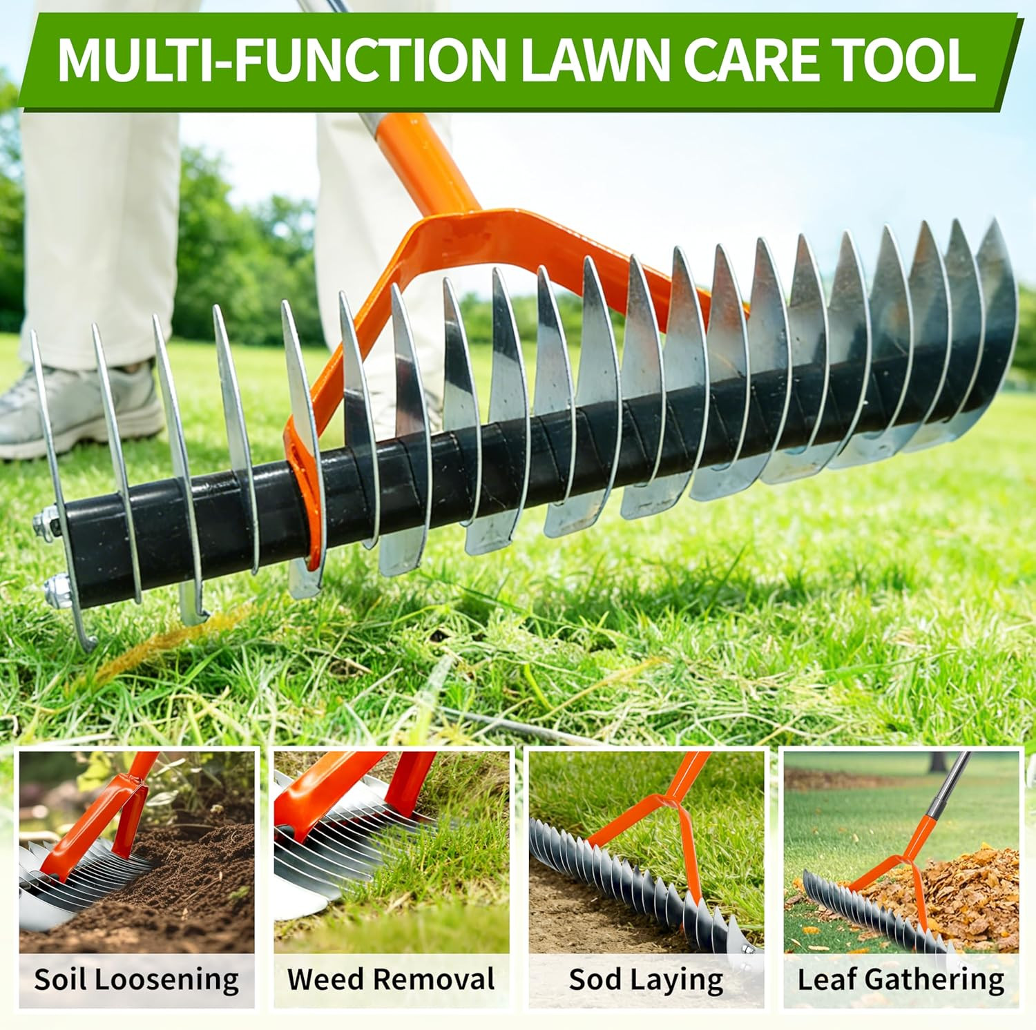 Thatch Rake for Lawn,15" Dethatcher Rake,Heavy-Duty Metal Thatching Rake,68" Adj