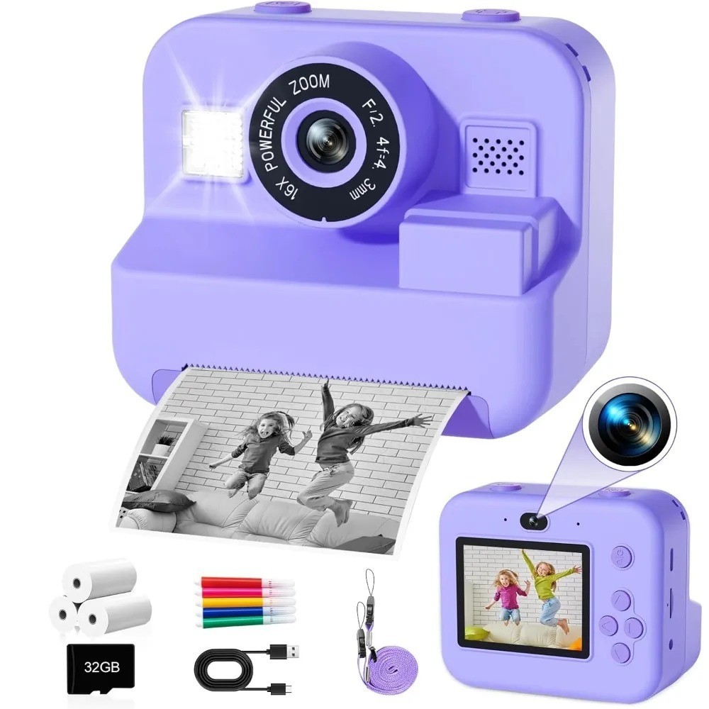 Educational Thermal Instant Print Camera With 32G Card, 1080P Children Mini Digi