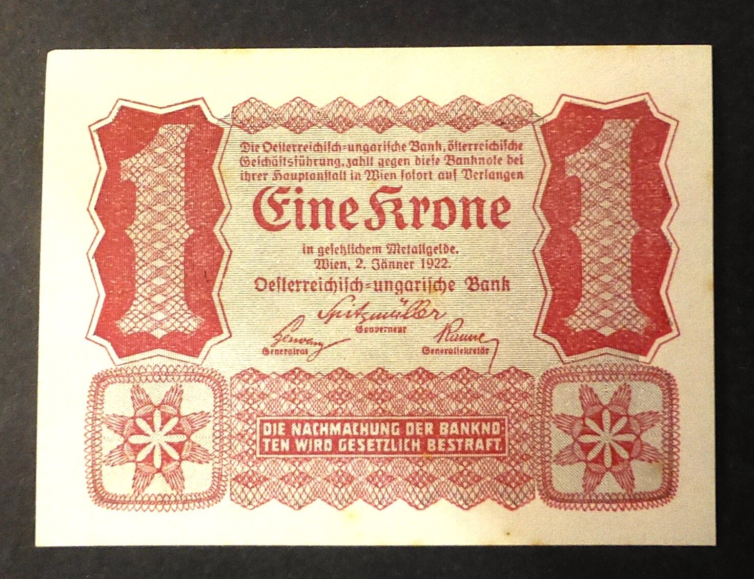 HUNGARY AUSTRIA 1 KRONE 1922 UNC - FIRST REPUBLIC ERA - ASTRO HUNGARIAN BANKNOTE