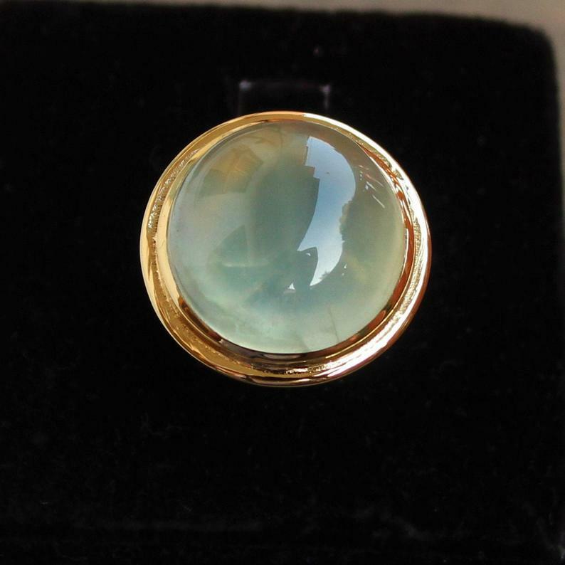 Natural Round Prehnite Cab Gemstone Sterling Silver Yellow Gold Handmade Ring