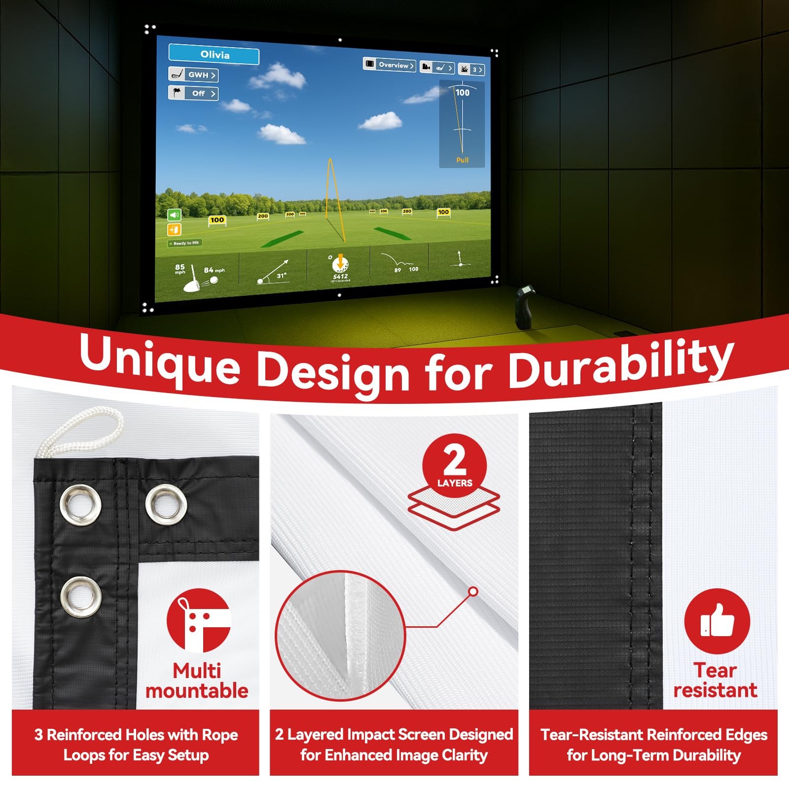 9x7ft Golf Simulator Impact Screen with 10 Bungee Cords