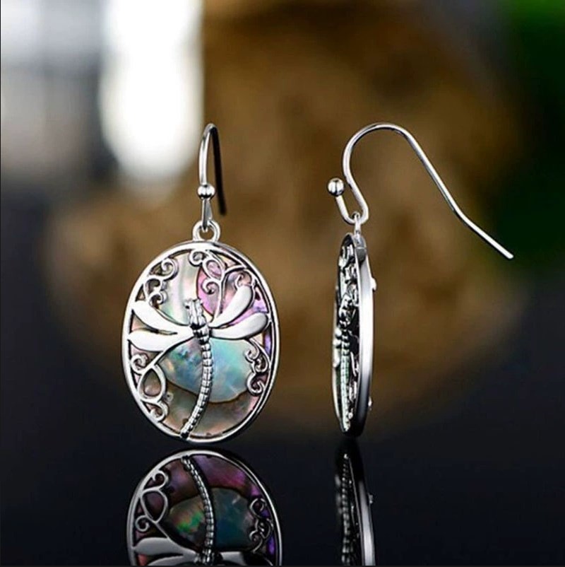 Carved Dragonfly Dangle Earrings Vintage Oval Shape Bohemian Earrings Jewelry+