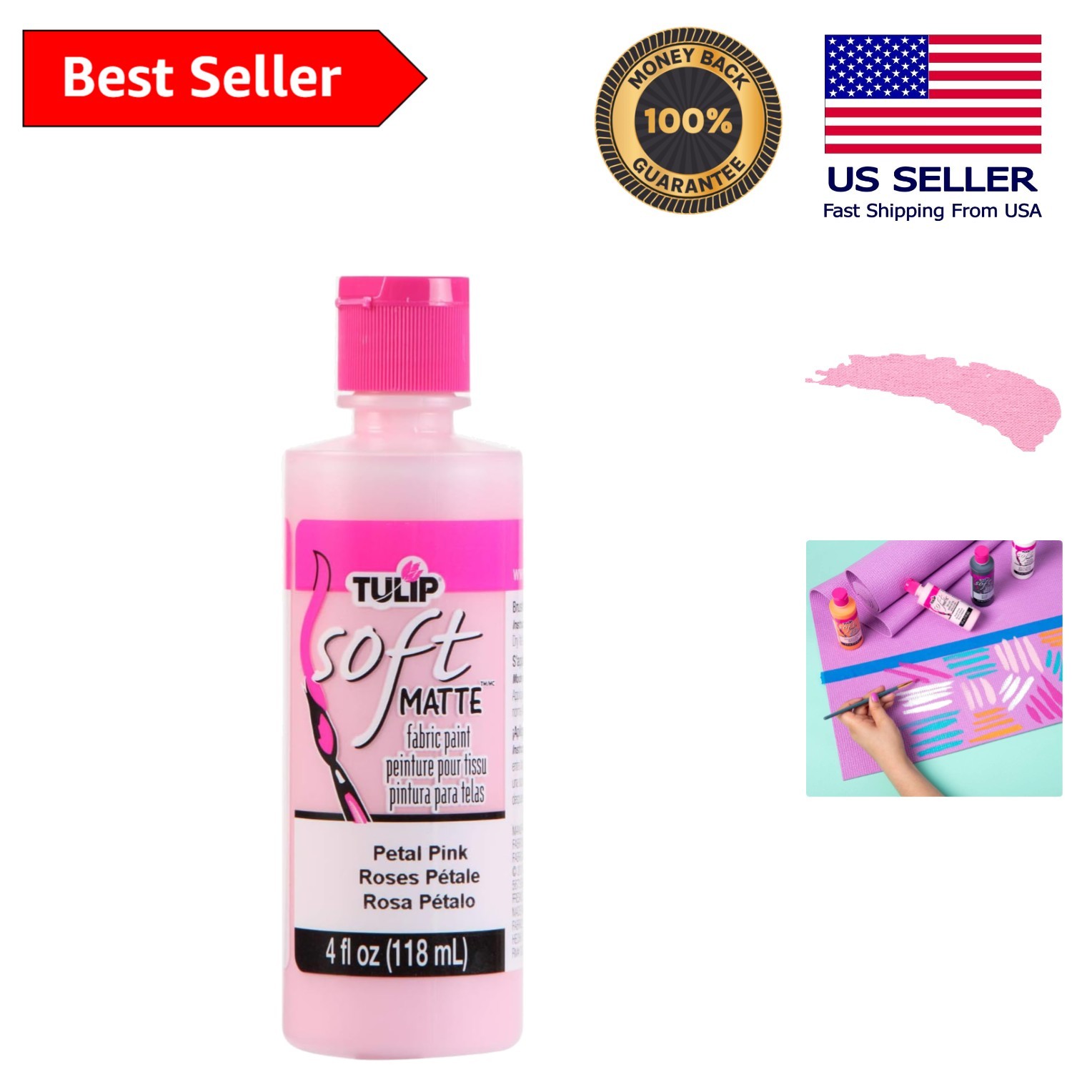 Durable Soft Fabric Paint in Matte Petal Pink - Washable & Versatile, 4 fl oz