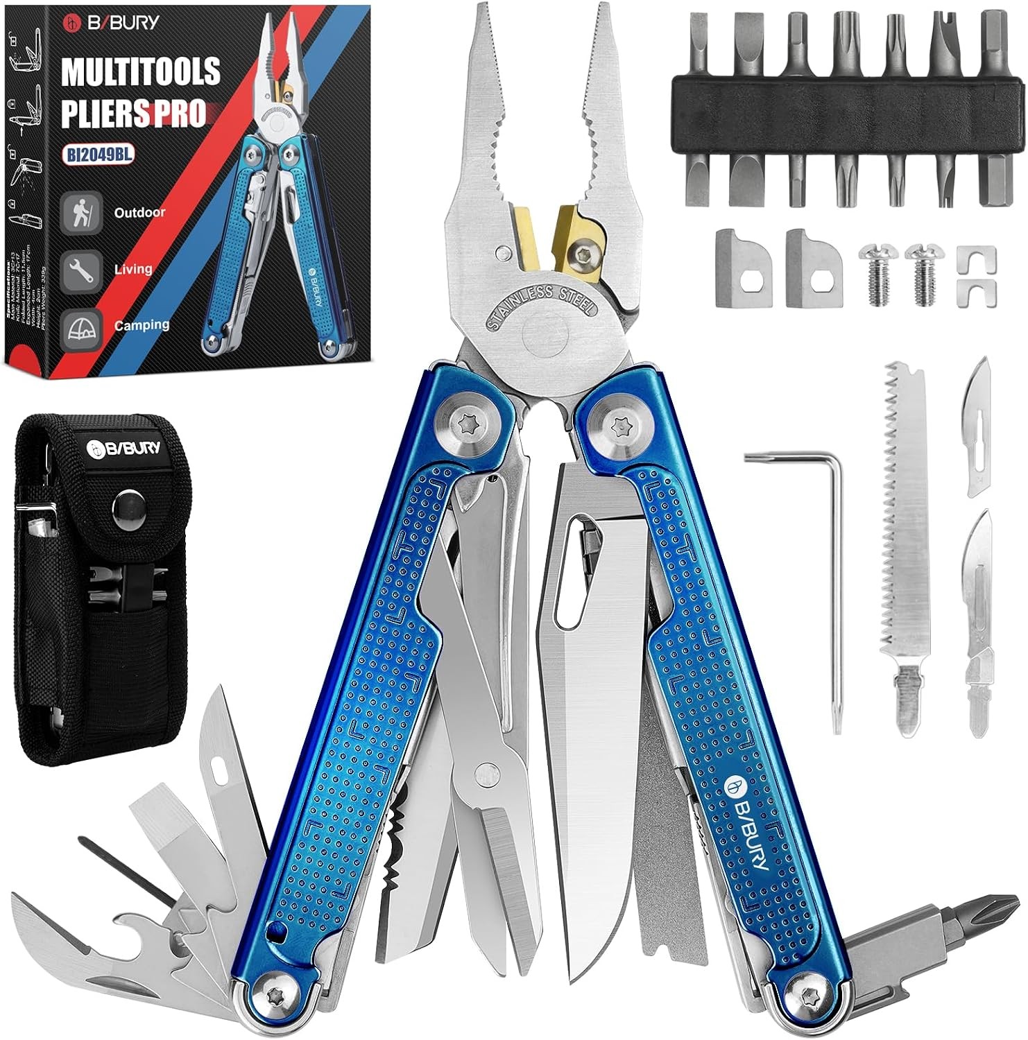Multitool Pliers BI2049BL with Blue Titanium Handle, EDC Multi Tool