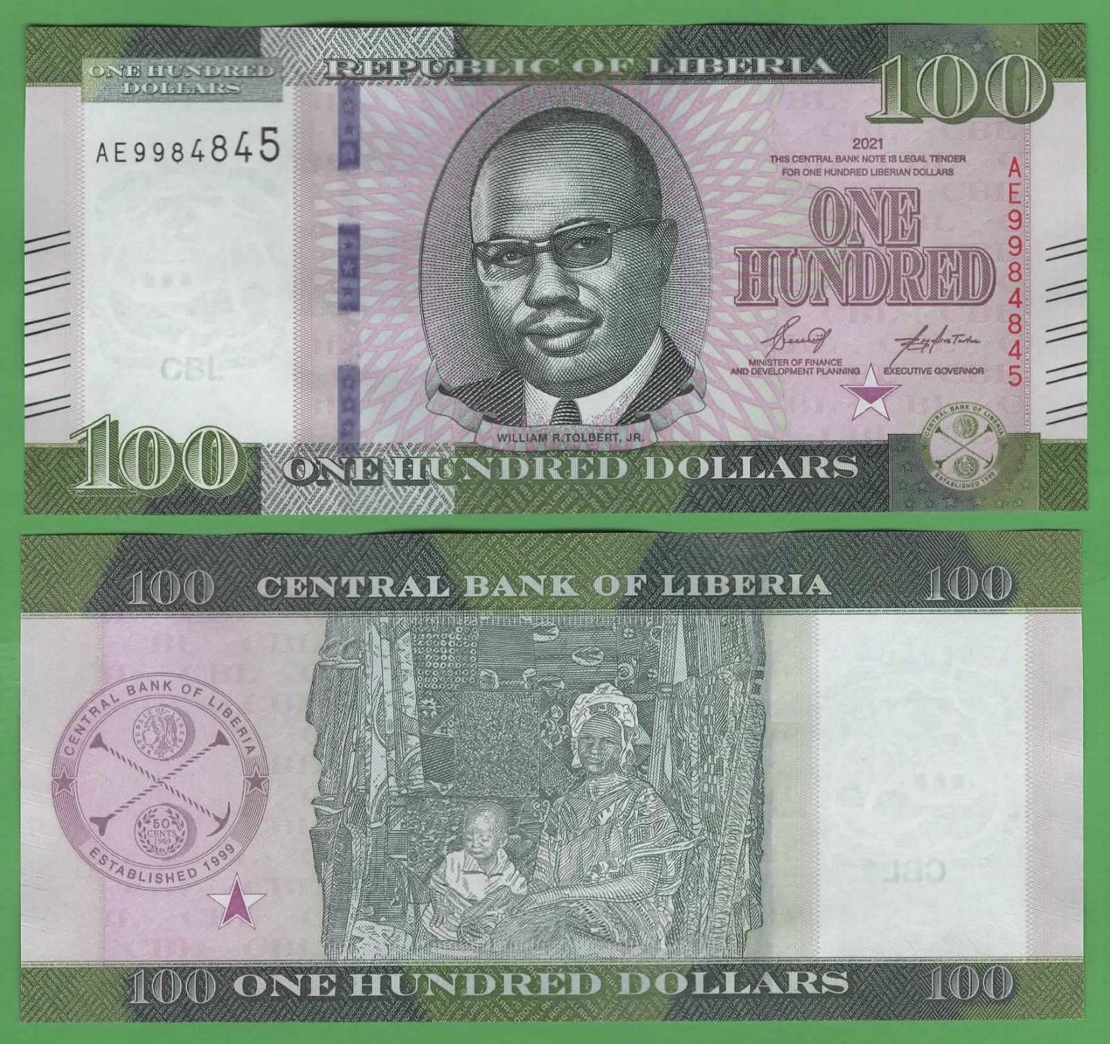 Liberia 100 Dollars UNC • 2021 • P-41a.1 • Tolbert Jr. Portrait • Market Woman
