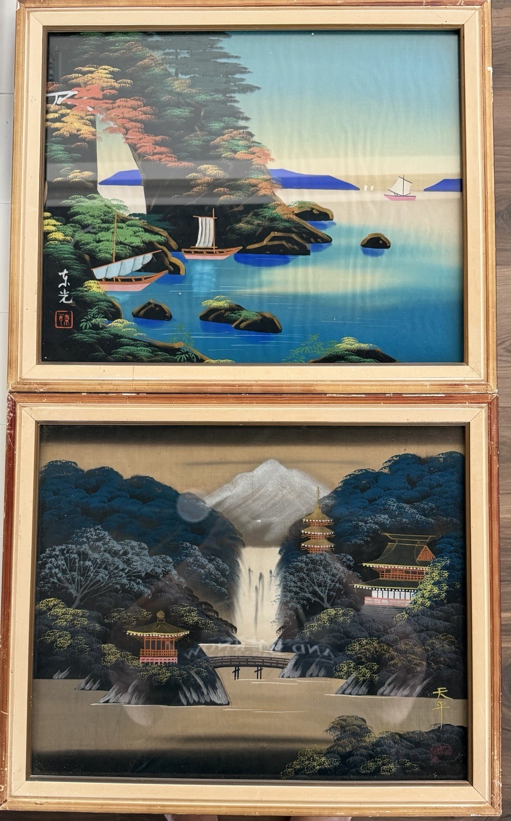 Antique Vibrant Asian Silk Paintings  Mt Fuji And Boats Signed 18.5” X 15.5”