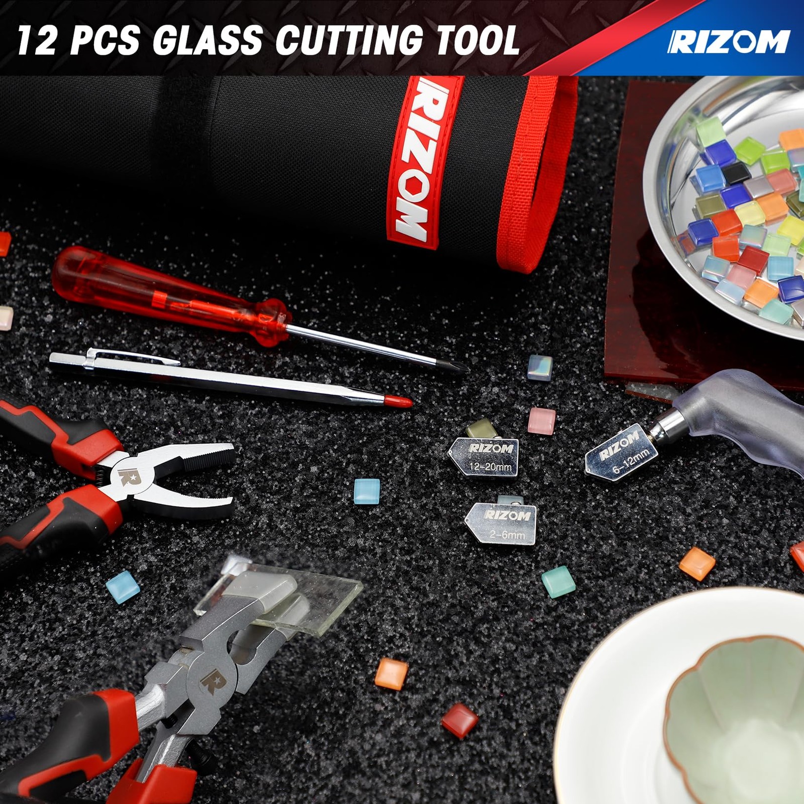 Rizom Glass Cutters Tools, Cutter 2-20MM, 8" Running Black&Red
