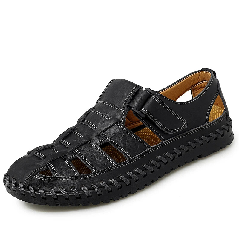 Black Men Leather Roman Sandals Business Casual Shoes Breathable Wading Slippers