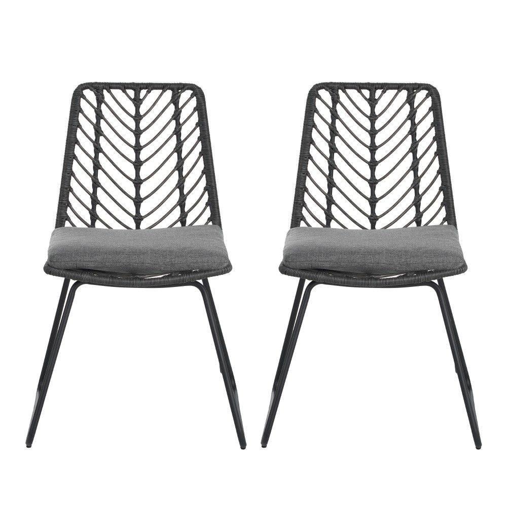 2PC Gray Outdoor Chairs w/ Water-Resistant Cushions - Rattan & Iron