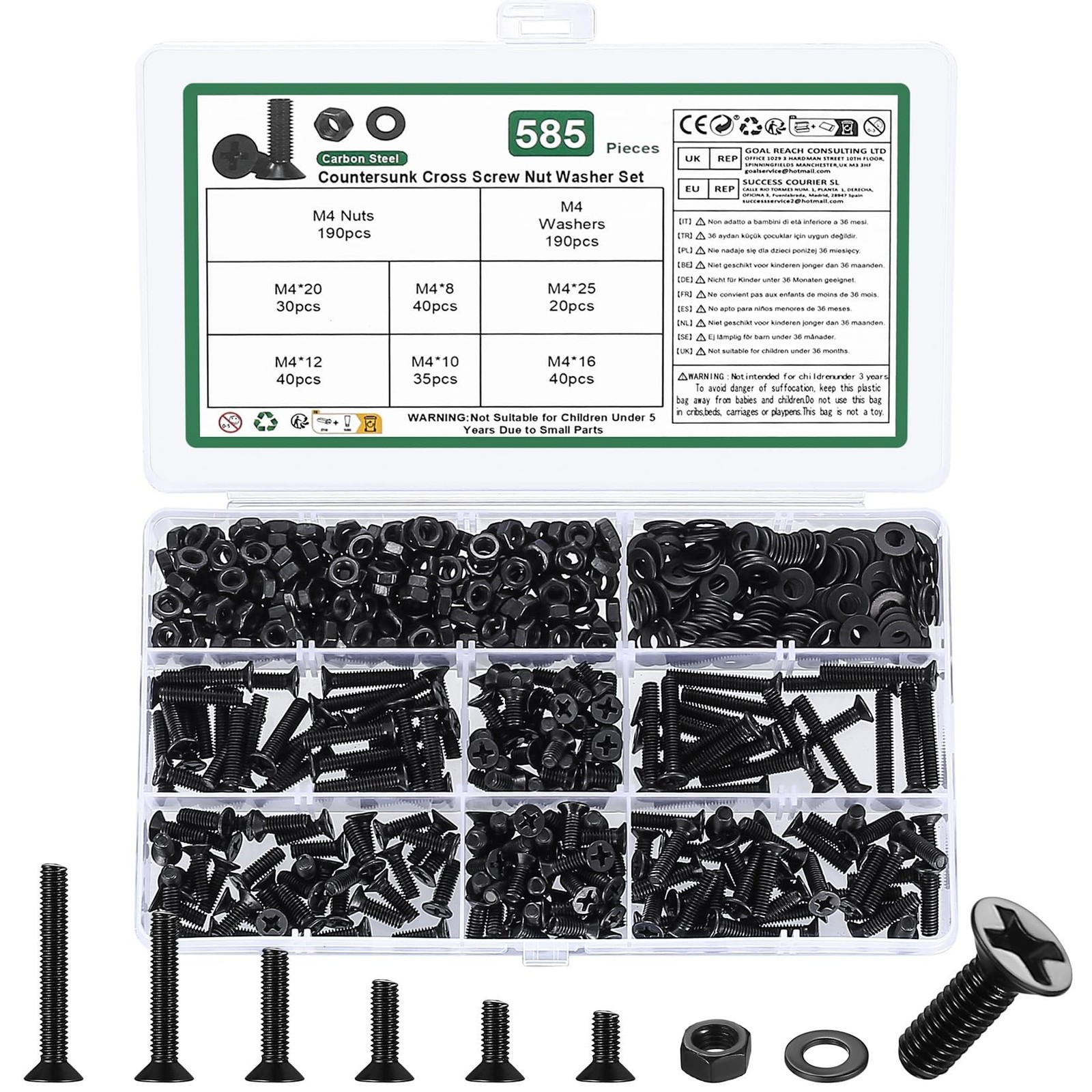 585 Pcs M4 Screws and Nuts Set, Countersunk Bolts and Nuts Assortment, Black ...