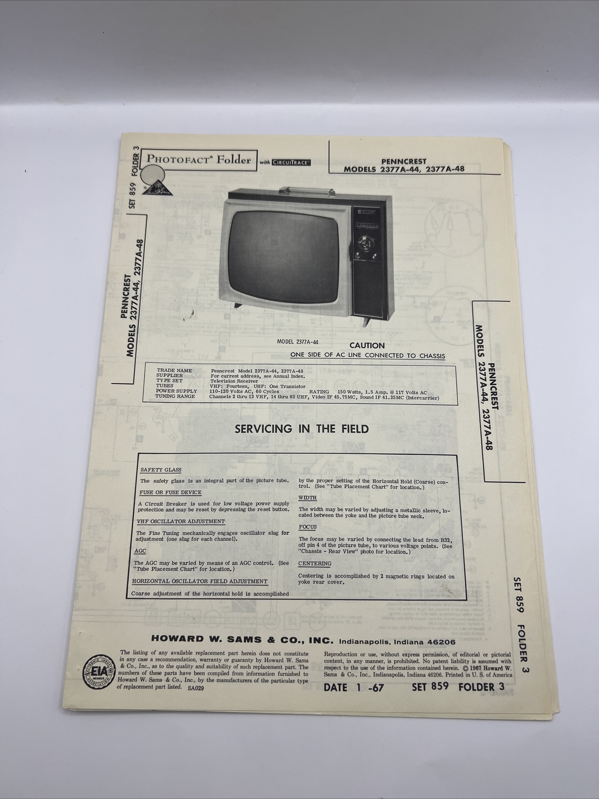 Vintage 1967 SAMS PHOTOFACT Manual Schematic Penncrest 2377A-44 TV Television