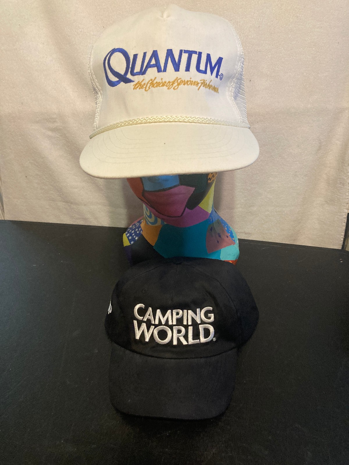 Lot of 2 Vintage Quantum Fishing Camping World VIP Trucker Hat Cap Snapback Rope