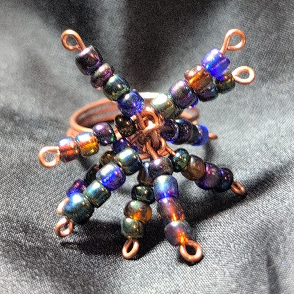 Handcrafted Copper Wire Wrap Starburst, Multicolor Round Glass Beads Size 9 #271