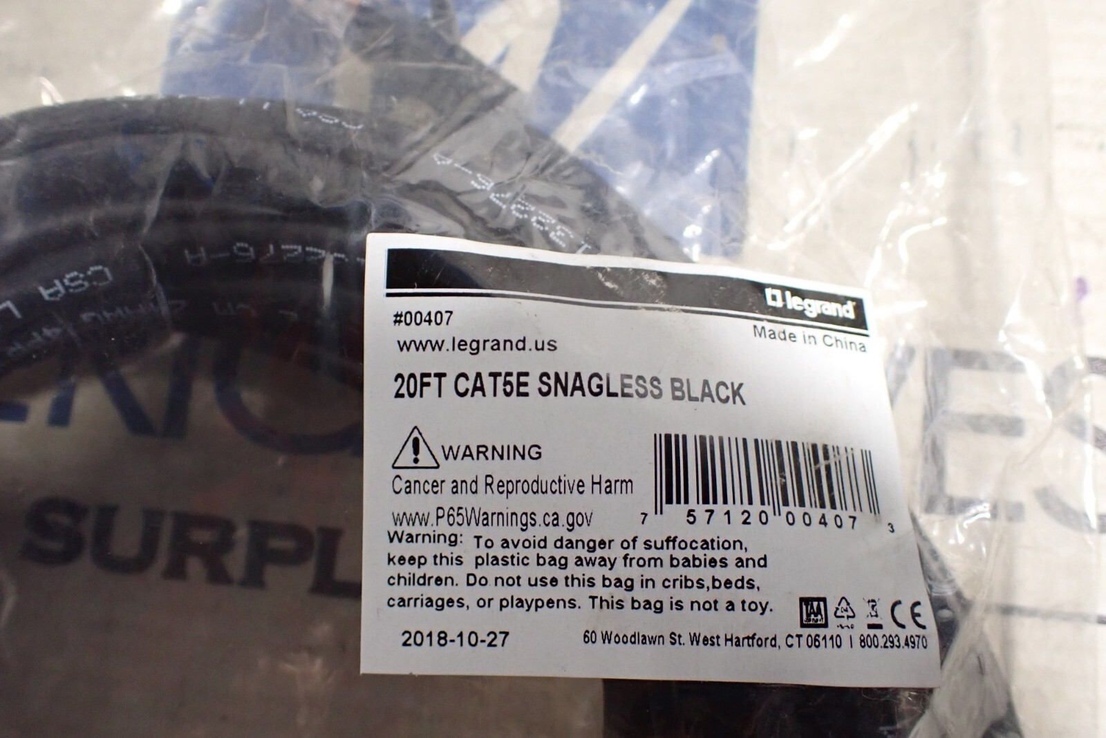 New Legrand 00407 20FT CAT5E Snagless Black Unshielded Ethernet Patch Cable