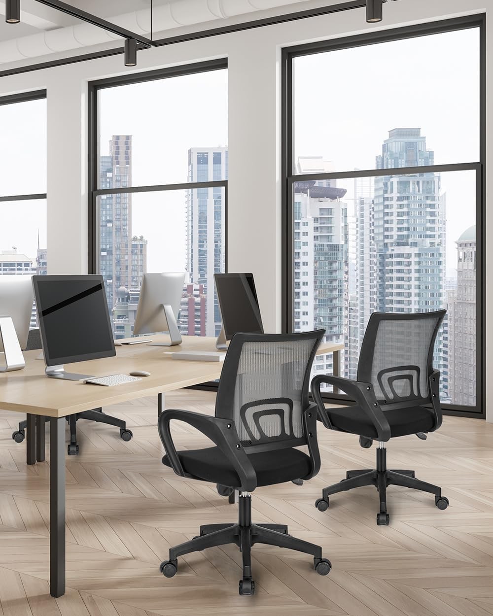 Silla escritorio ergonómica, respaldo medio malla y soporte lumbar