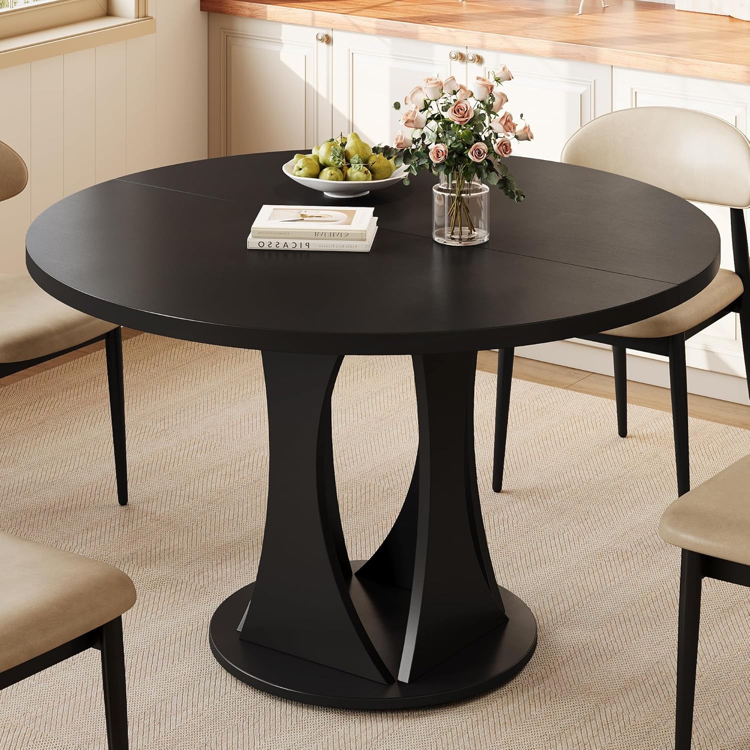 59" Extendable Round Dining Table 6-8 Kitchen Table W/ Sturdy Double Arc Base