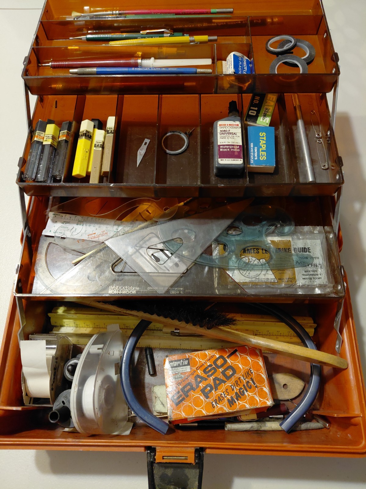 Vintage Artbin by flambeau 3 shelfs Orange W/ SUPPLIES Rulers GRAFTING Erasers