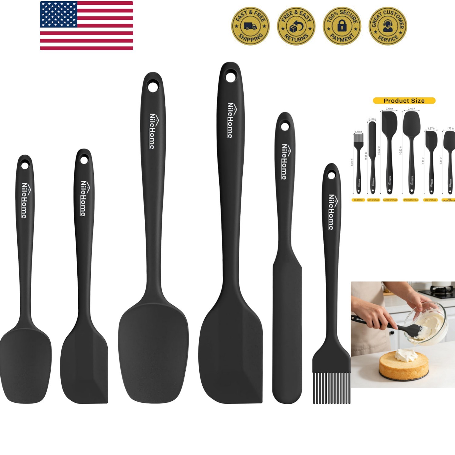 Silicone Spatula Set, 6 Pieces Food Grade Kitchen Utensils with Silicone Brus...