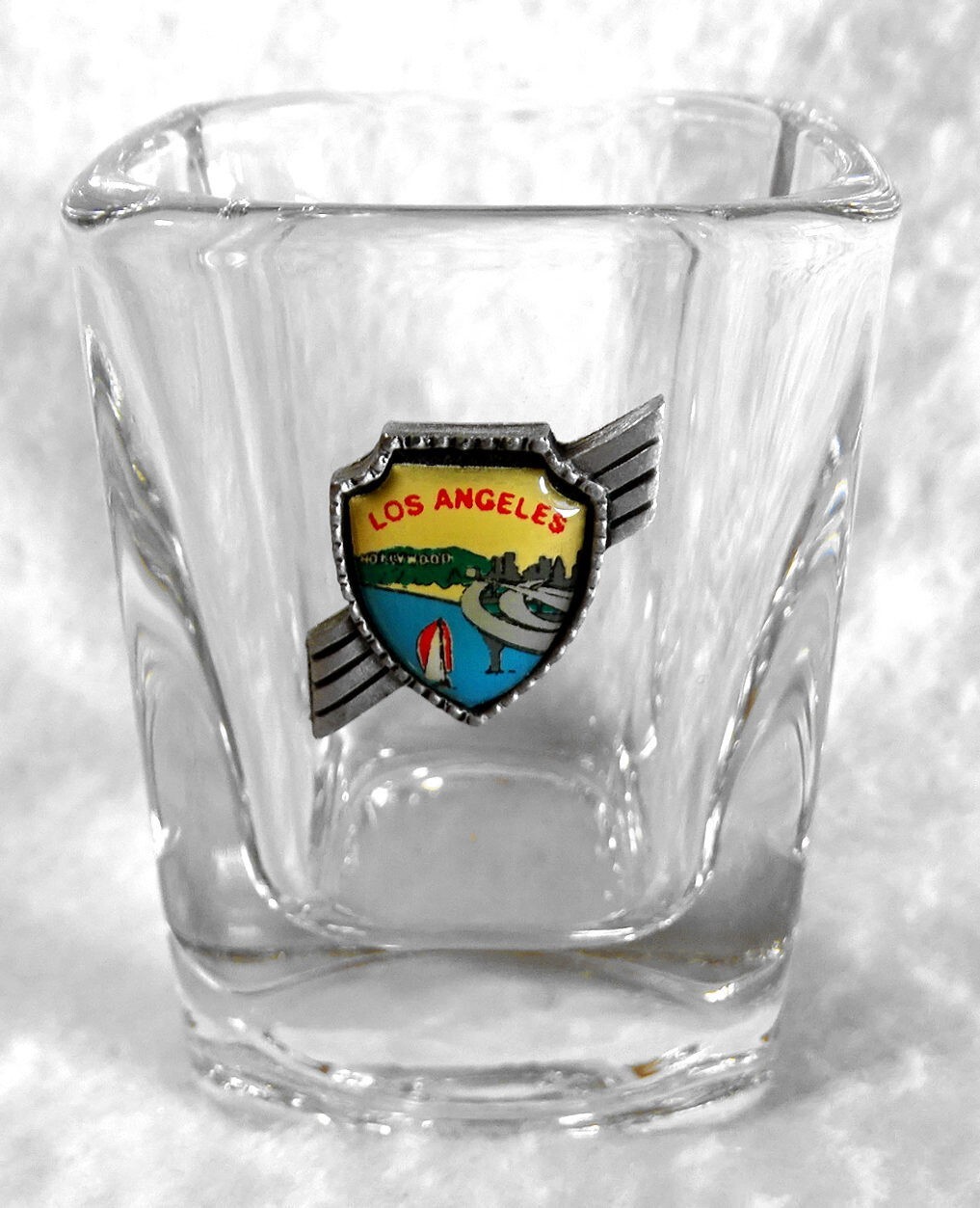 Los Angeles Square Shot Glass Fort Pewter Medallion Shooter 2-1/2" Jigger