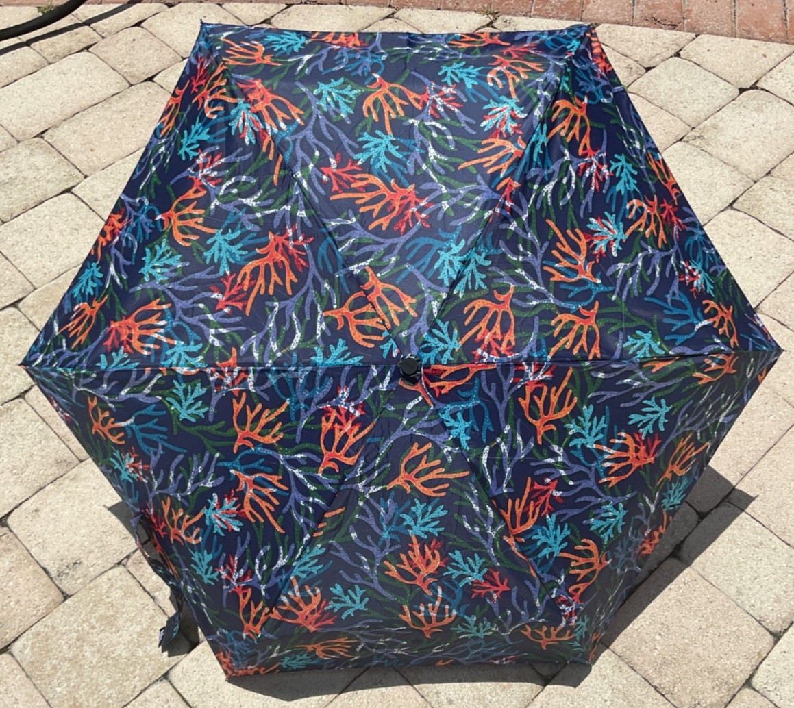 TOTES WOMEN'S UMBRELLA MINI CORALBLUE ORANGE MANUAL ONE PERSON 6 IN LONG NWT