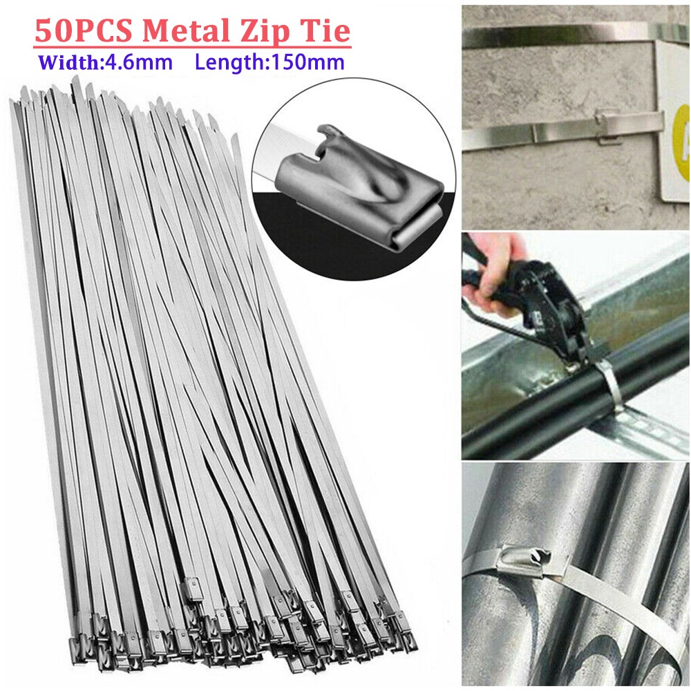 50pcs metal zip ties stainless steel heavy duty self-locking cable ties 150mm