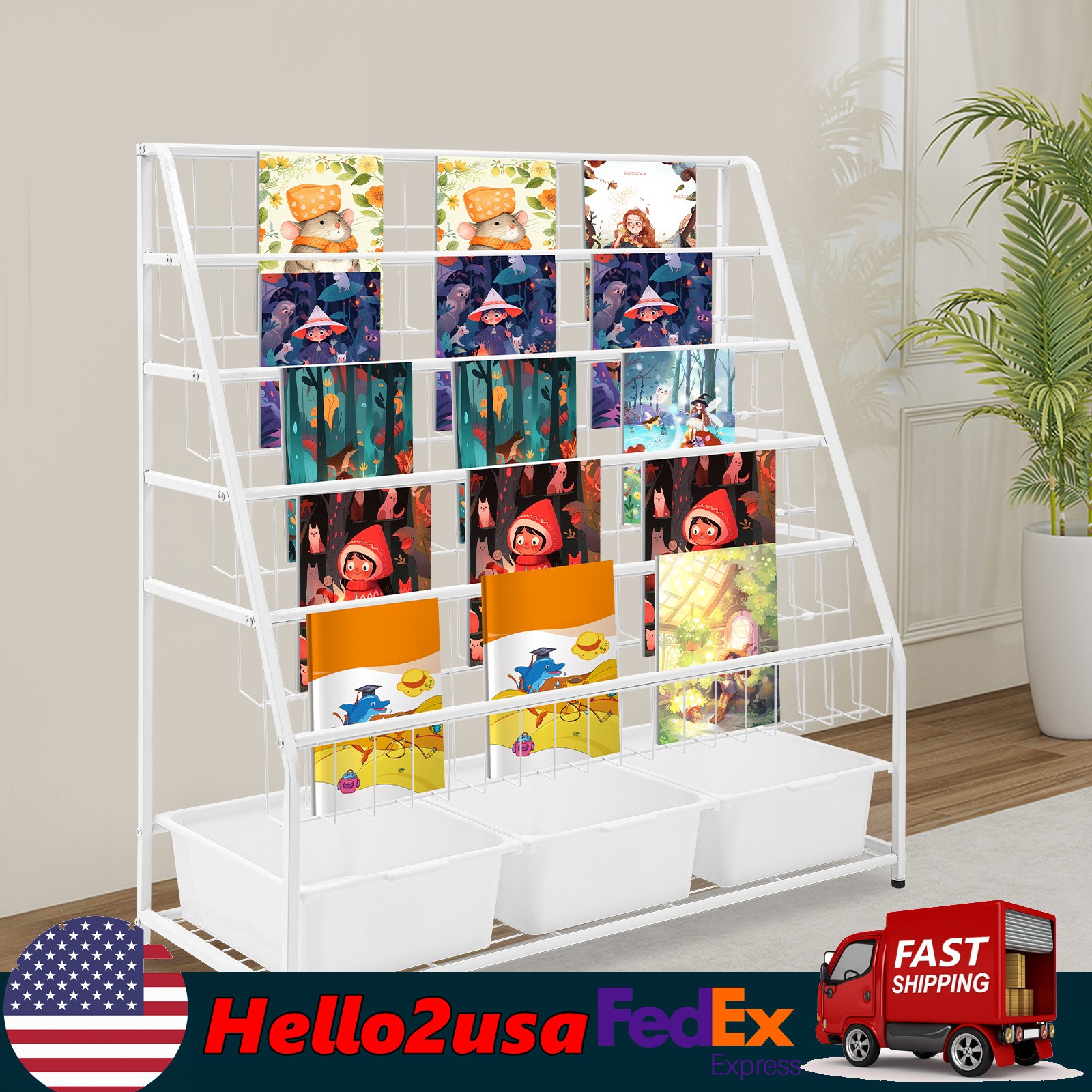 BOOKSHELVES W/ STORAGE BOXES BOOK DISPLAY RACK,KIDS BOOKCASE WITH STORAGE WHITE