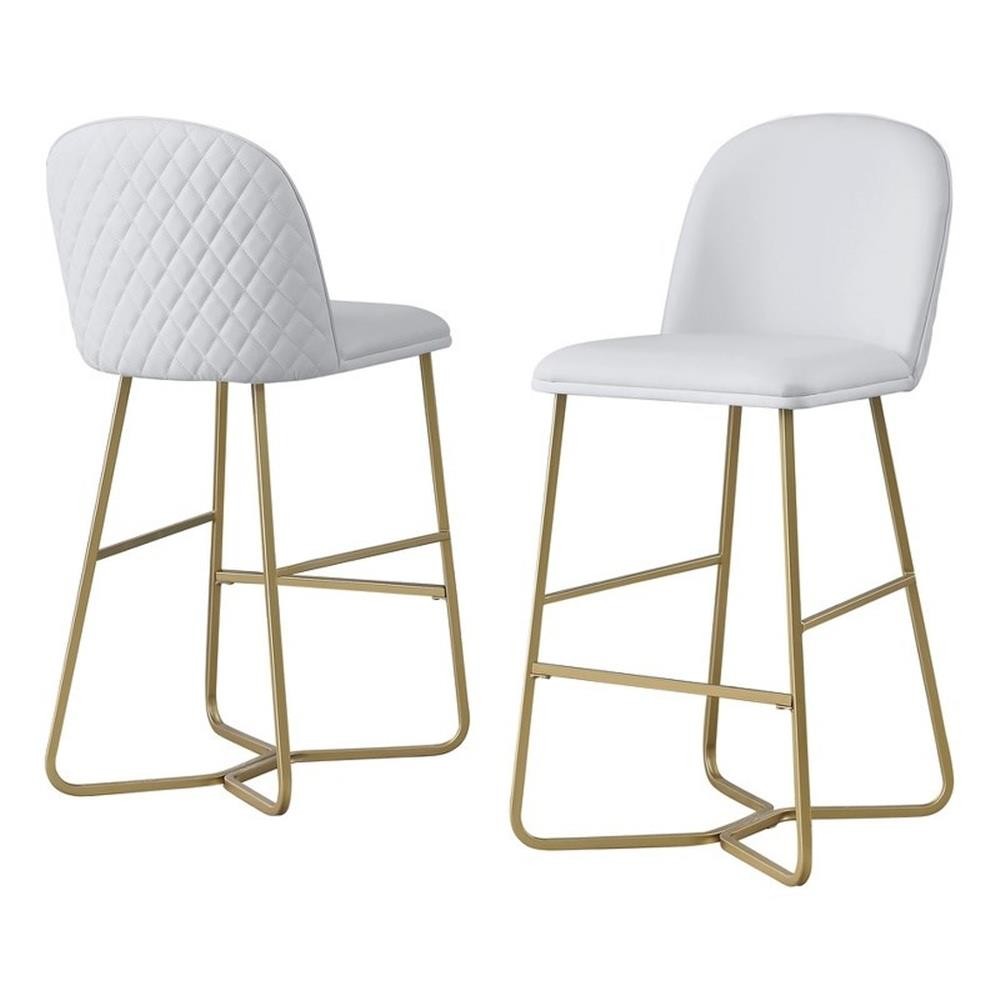 Quilted Back Barstools 29" Set of 2 in White Faux Leather and Gold Base