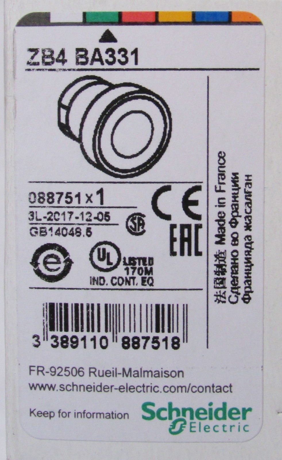 SCHNEIDER ELECTRIC ZB4 BA331 Green Flush Head Push Button Operator Marked 1