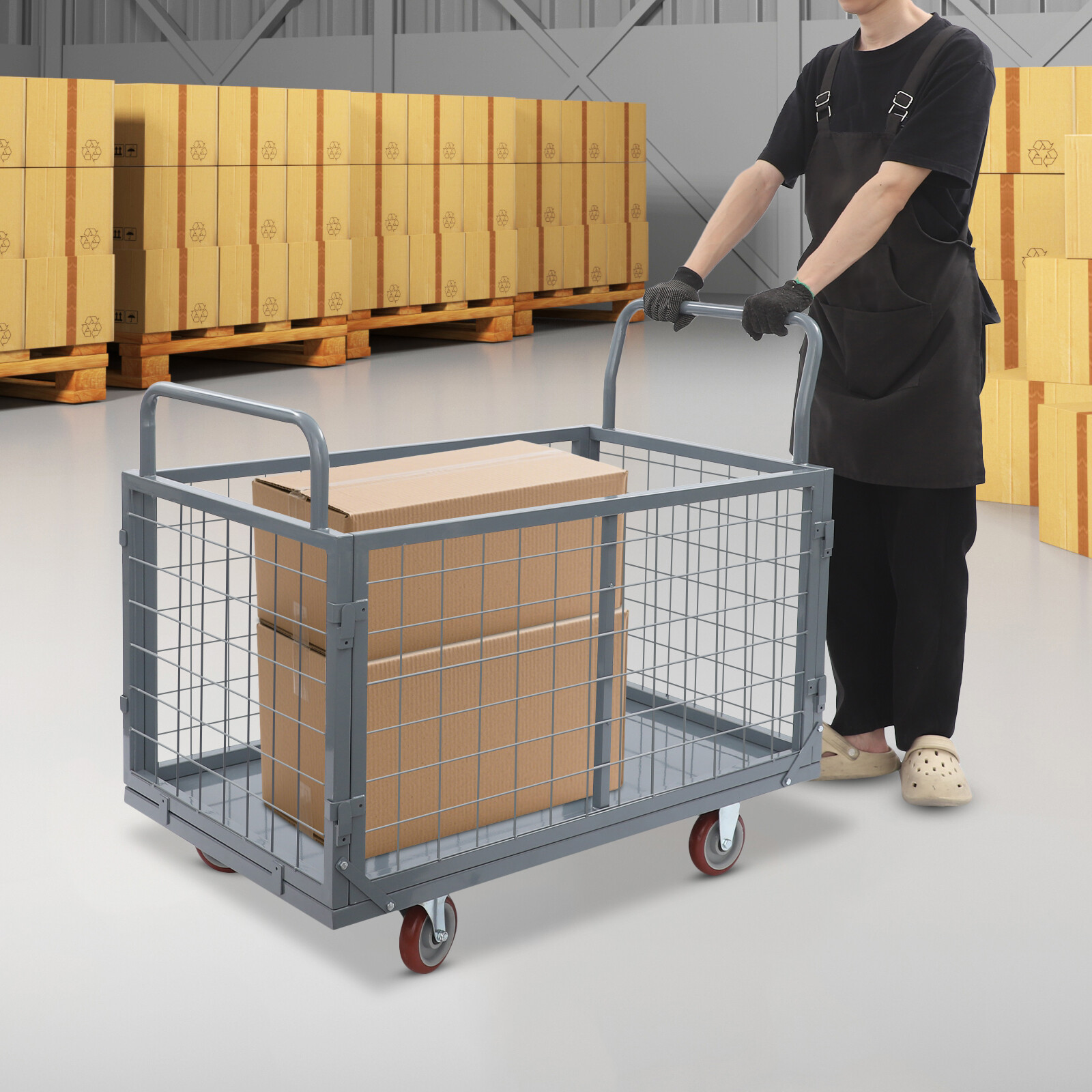 5-in-1 Heavy Duty Utility Cart 2000lbs Capacity w/ 4 Casters & Cage, Steel Frame