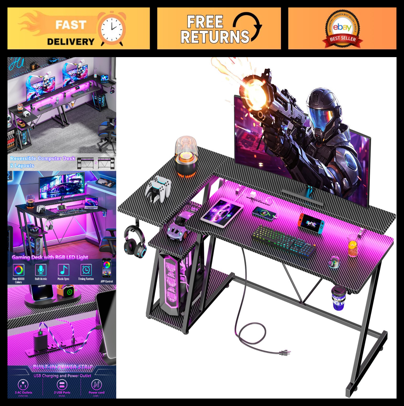 55" L-Shaped Gaming Desk with Power Outlet & LED Lights, Corner Home Office Tabl