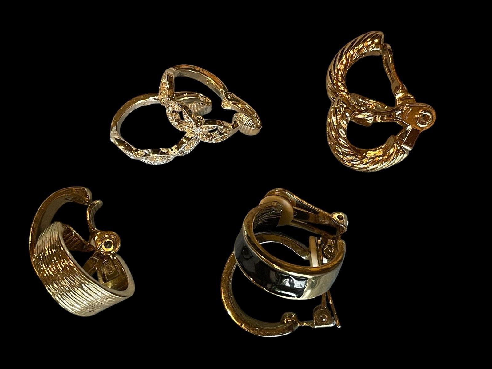 Lot 4 Pr Med Clip-on Earrings 80-90’s Modern Gold Tone Rhinestones Black Enamel