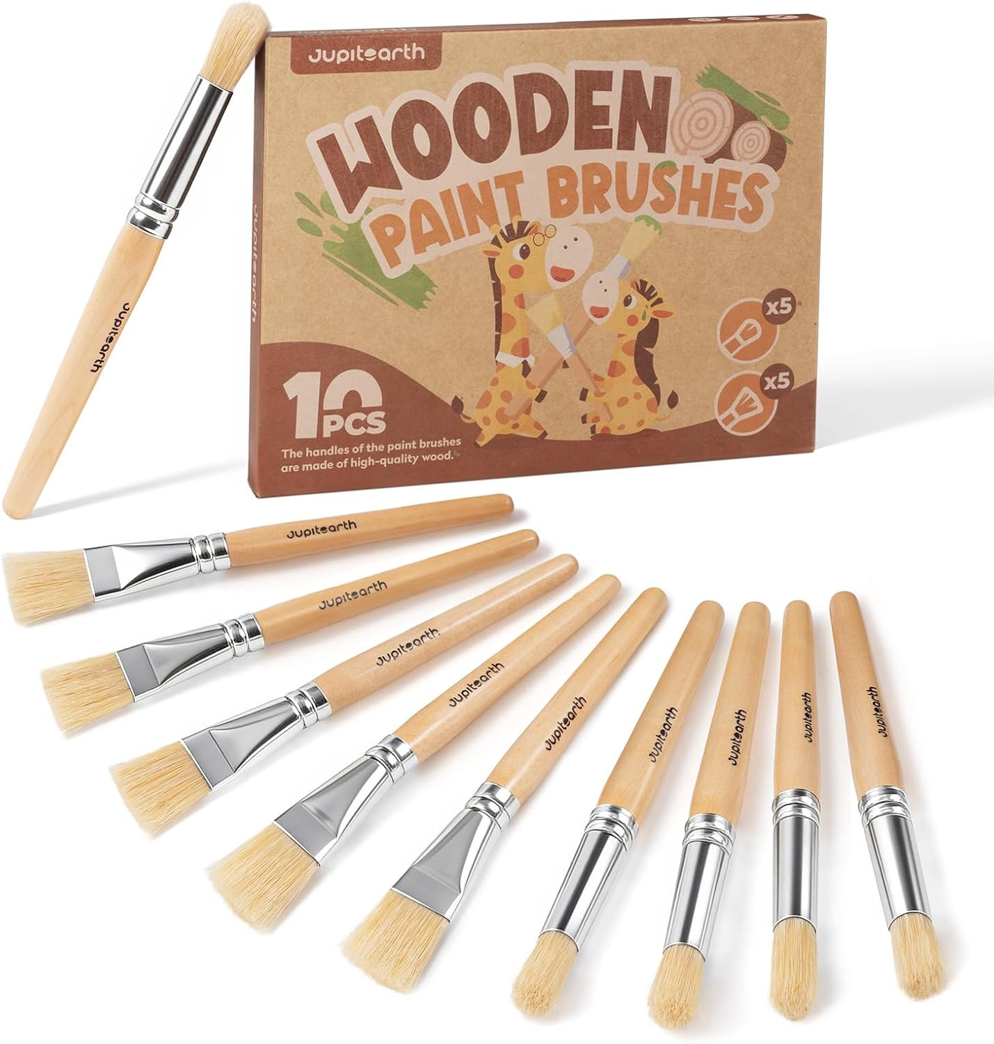 JUPITEARTH Natural Wood Handle Paint Brushes for Kids, 10-Pack | Jumbo Size, Eas