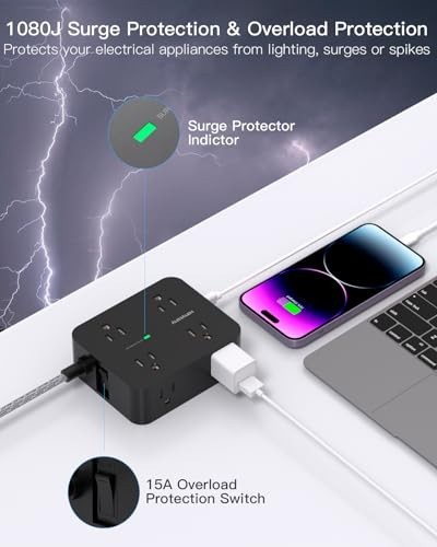 Surge Protector Power Strip with 8 Outlets & 4 USB Ports, 5ft Extension Cord, Wa