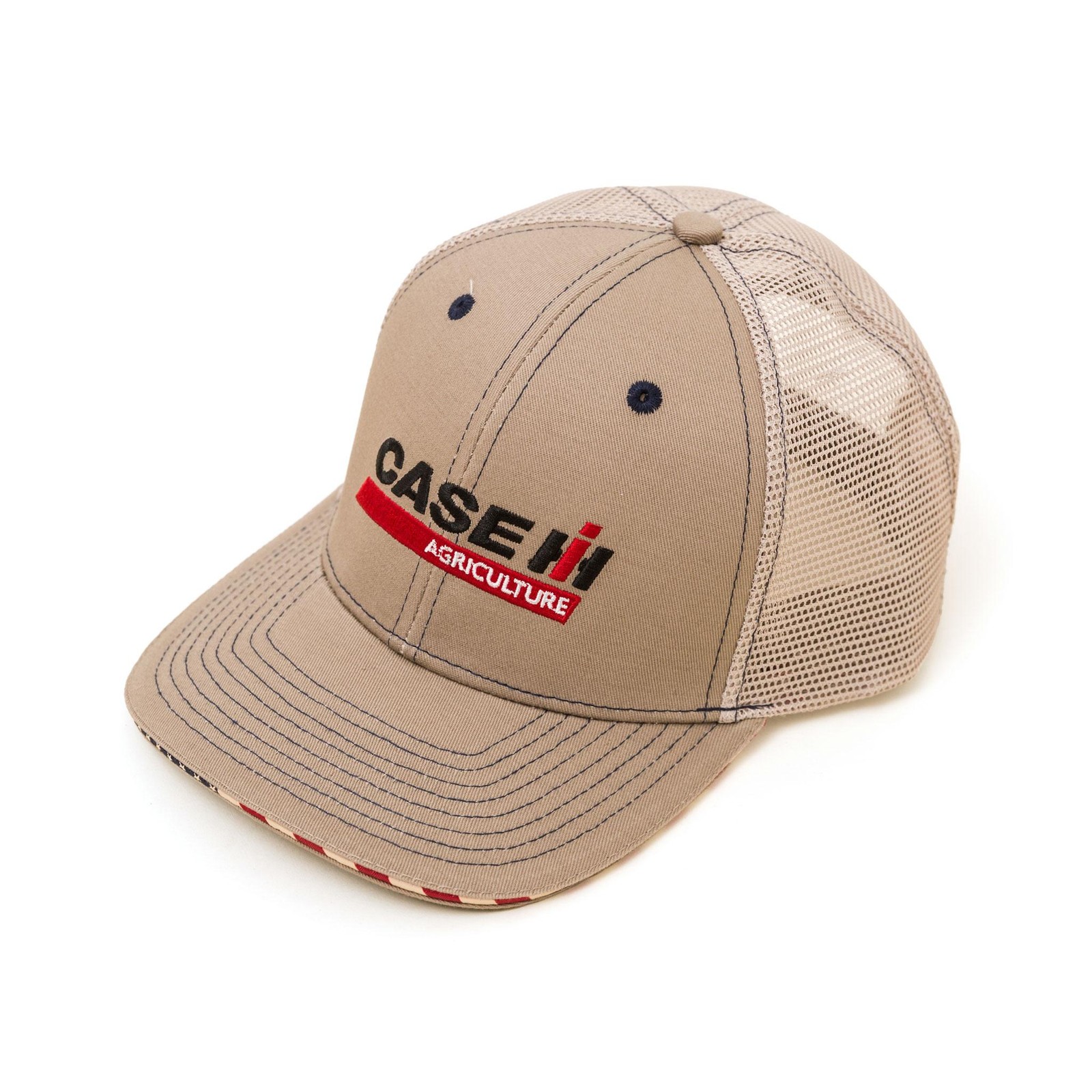 Case IH Khaki Mesh Back Trucker Hat w/ Embroidered Logo & Flag Brim A2648