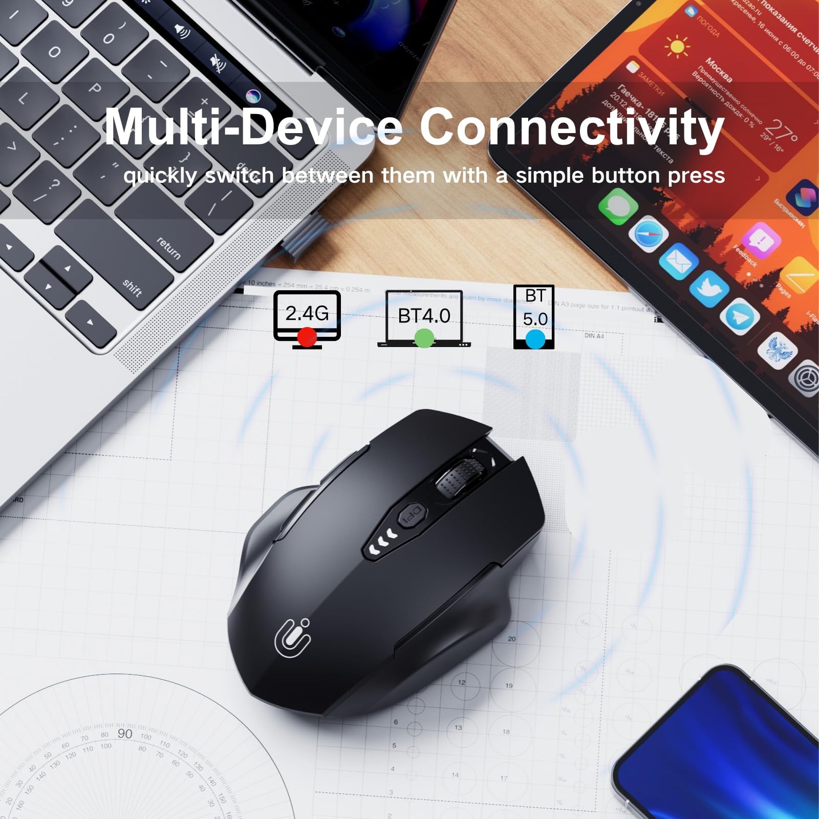 Wireless Bluetooth Mouse,[Upgraded] Rechargeable (BT 5.0/4.0+2.4G Hz),Compute...