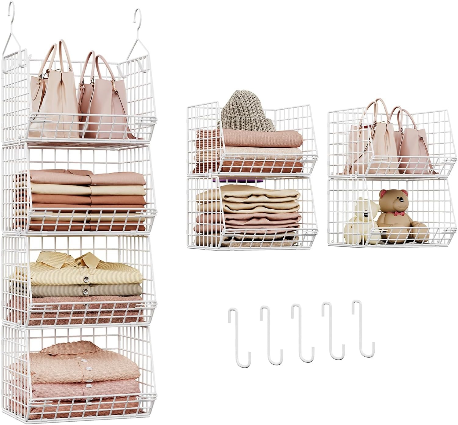 X-cosrack 4 Tier Closet Hanging Organizer, Foldable Closet Shelving with 2 Hangi