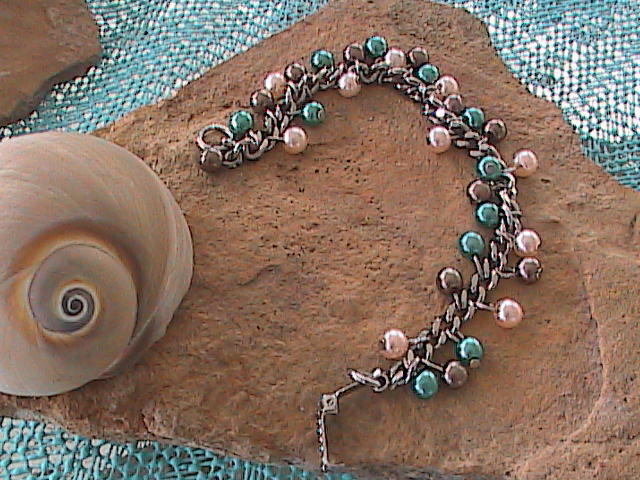 Chain & Glass Bead Bracelet - Pink, Teal & Copper