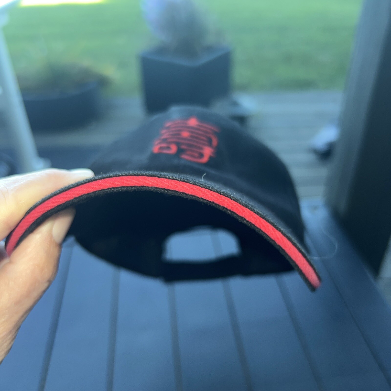 Black with Red Embroidered Unidentified Symbol on Navy Hat Cap Hook Loop Cotton