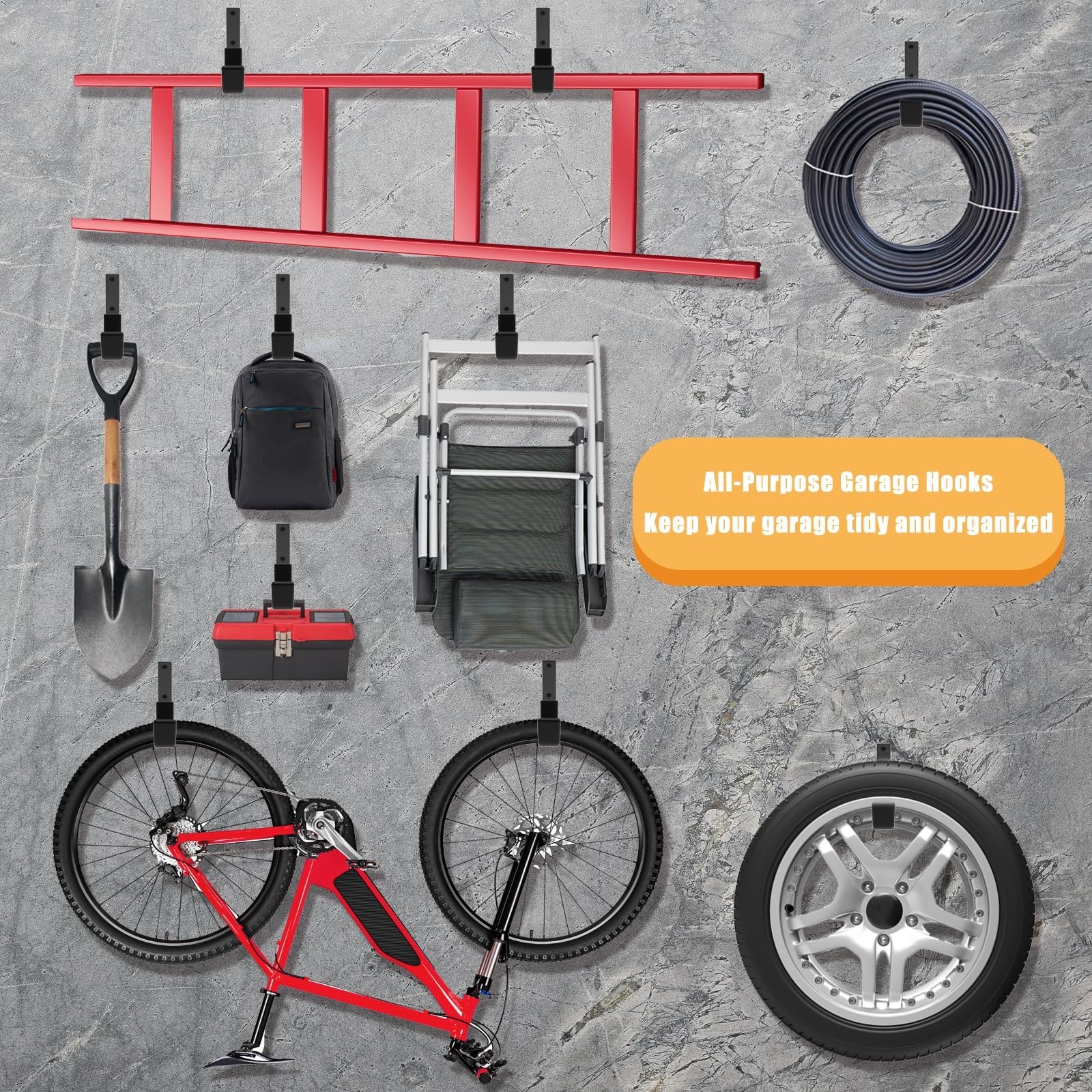Heavy Duty Utility Hook System - Wall Mounted Garage Hooks for Bikes, Ladders...