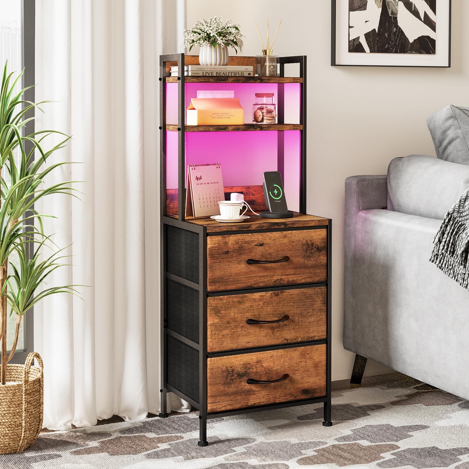 41 Inch Tall Nightstand with Charging Station, Led Night Stand with U-S-B Por...