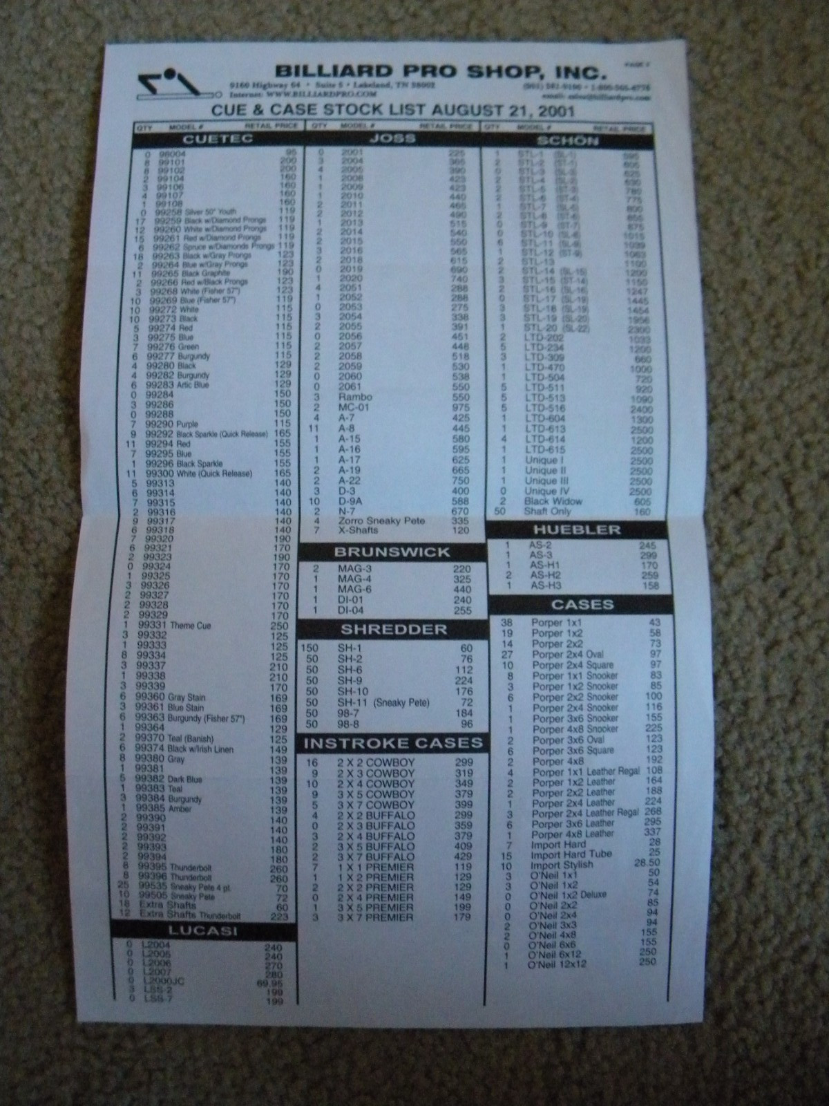2001   Billiard Pro shop  Price List for Meucci, McDermott, CueTec, Joss, Schon