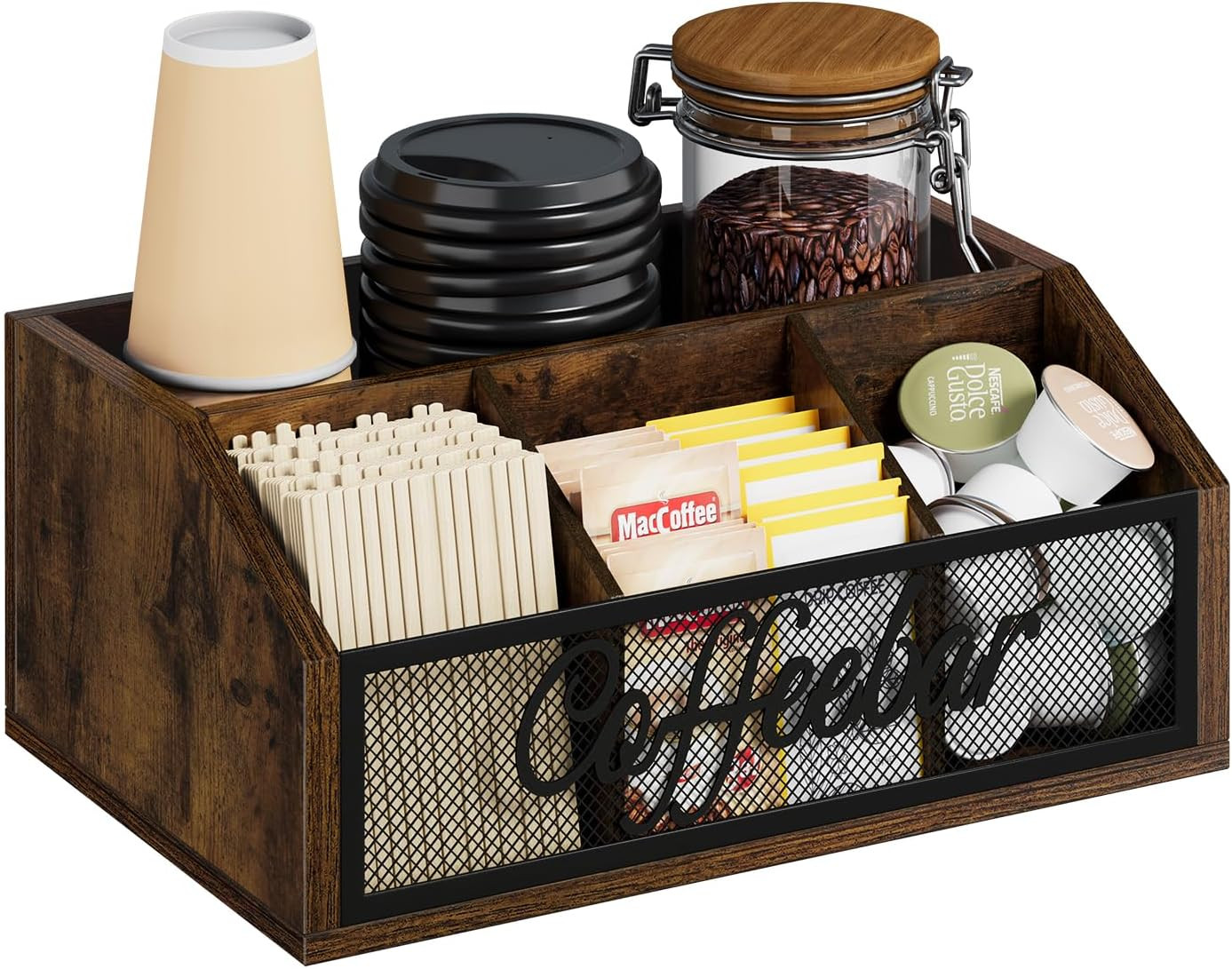 YINMIT Coffee Station Organizer for Countertop, Wood Coffee Bar Organizer with R