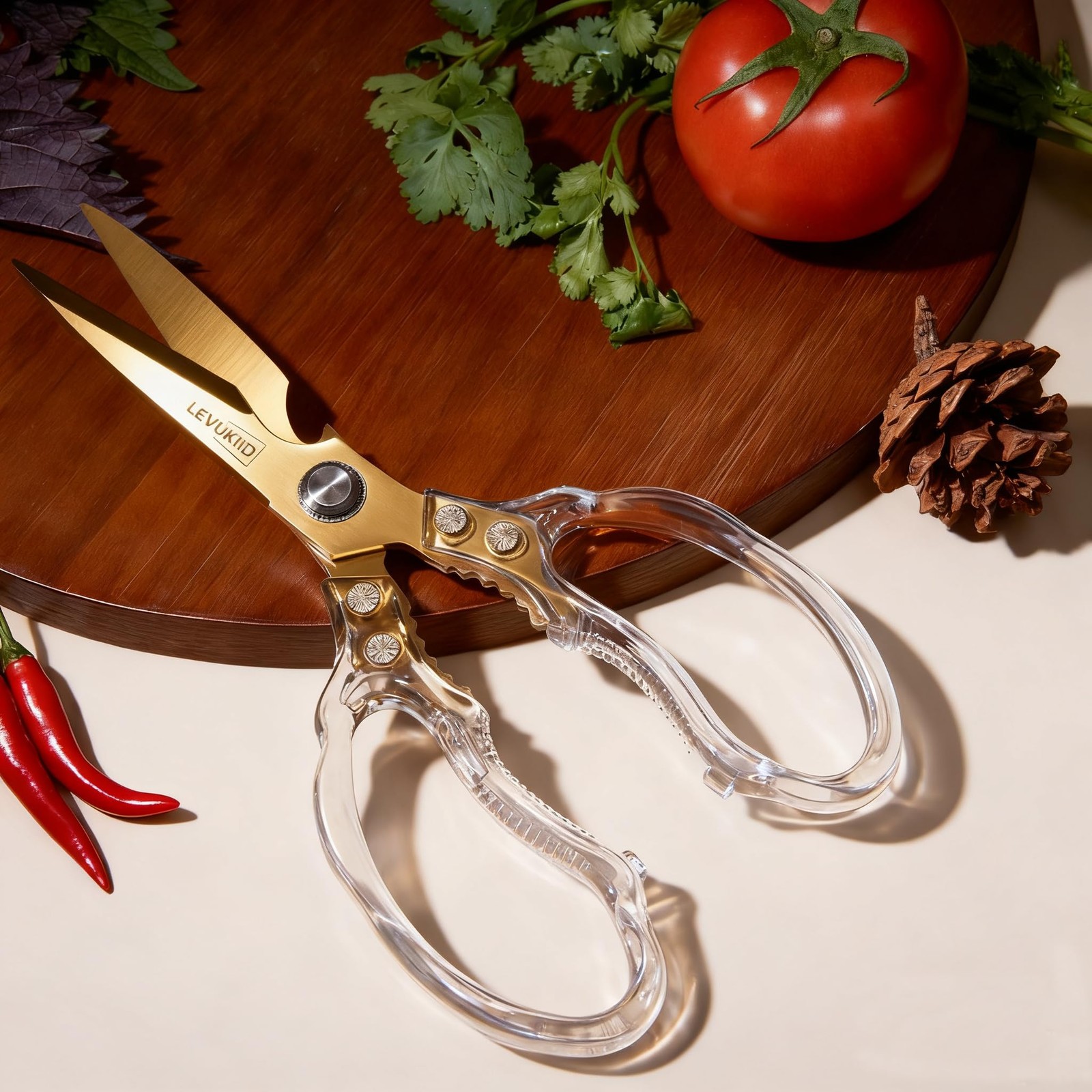 LEVUKIID Rust-Resistant Kitchen Scissors, Transparent and 9 INCH, Gold