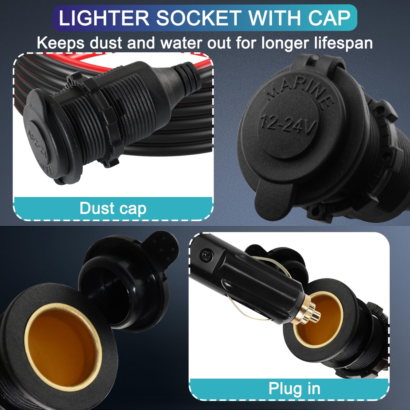 2V 24V Cigarette Lighter Socket to Ring Terminal Cable 14AWG 20A Waterproof