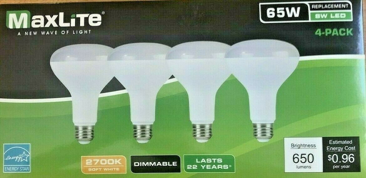 4 Bulbs Maxlite BR30 E26 LED Light Bulbs 8W / 65W Equivalent Soft White Dimmable