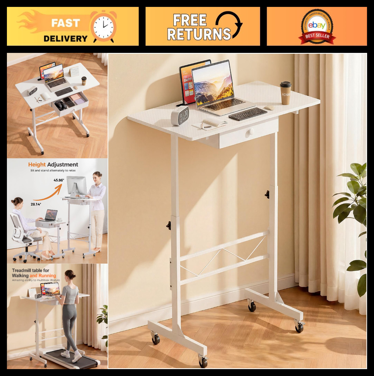 Adjustable Height Portable Standing Desk 30.7"-46.4", Mobile Rolling Computer De